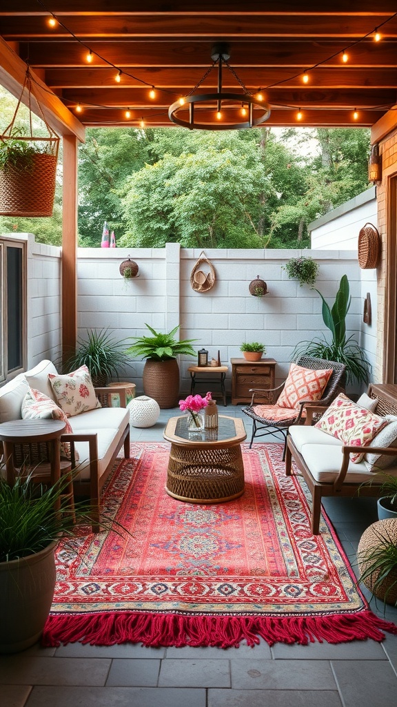 A cozy patio featuring a decorative outdoor rug, comfortable seating, and plants.