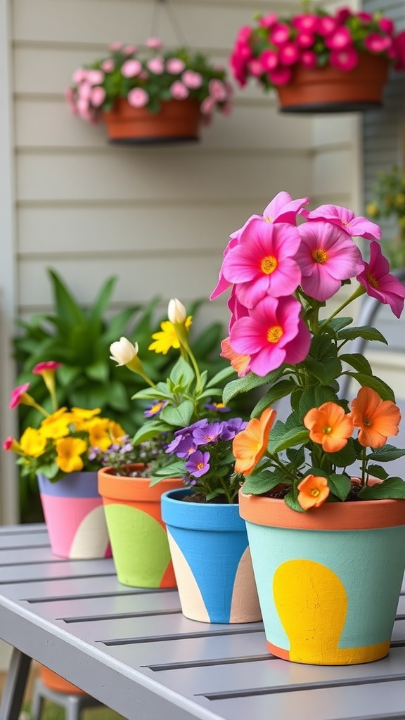 Colorful painted flower pots with blooming flowers on a table.