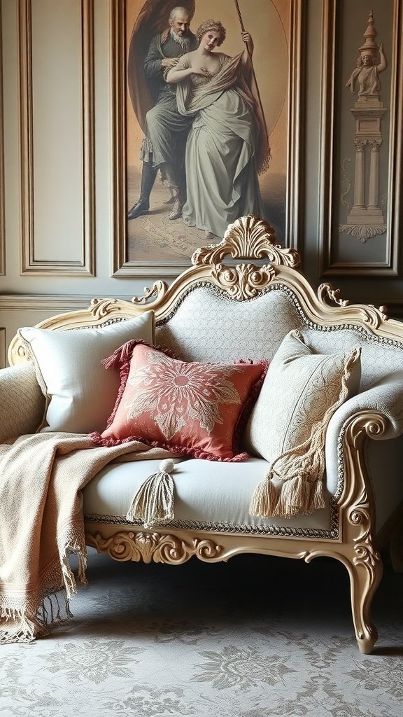 A beautifully styled Rococo bedroom sofa with decorative pillows and a throw blanket.