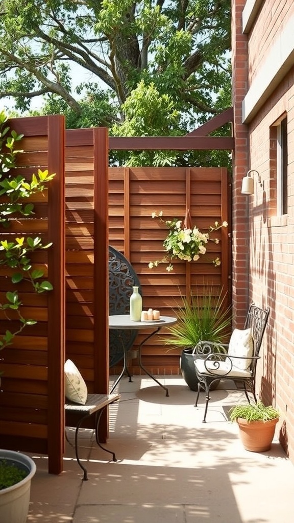 A cozy patio with wooden privacy screens, comfortable seating, and decorative plants.