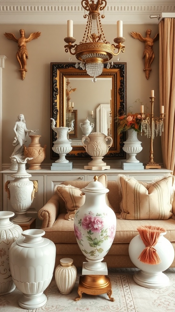A beautifully arranged Rococo-style decor featuring vases, sculptures, and a chandelier.