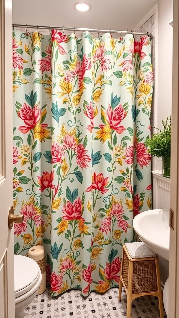 Decorative shower curtain with a blue and cream pattern in a small bathroom.