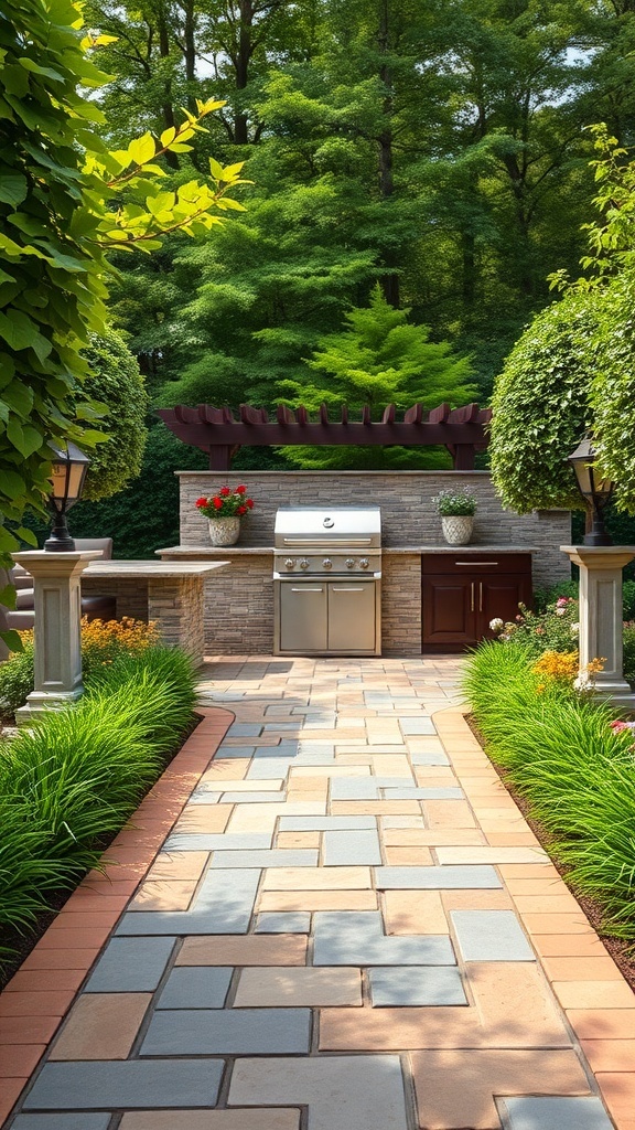 A decorative stone pathway leading to an outdoor kitchen, surrounded by greenery and flowers.