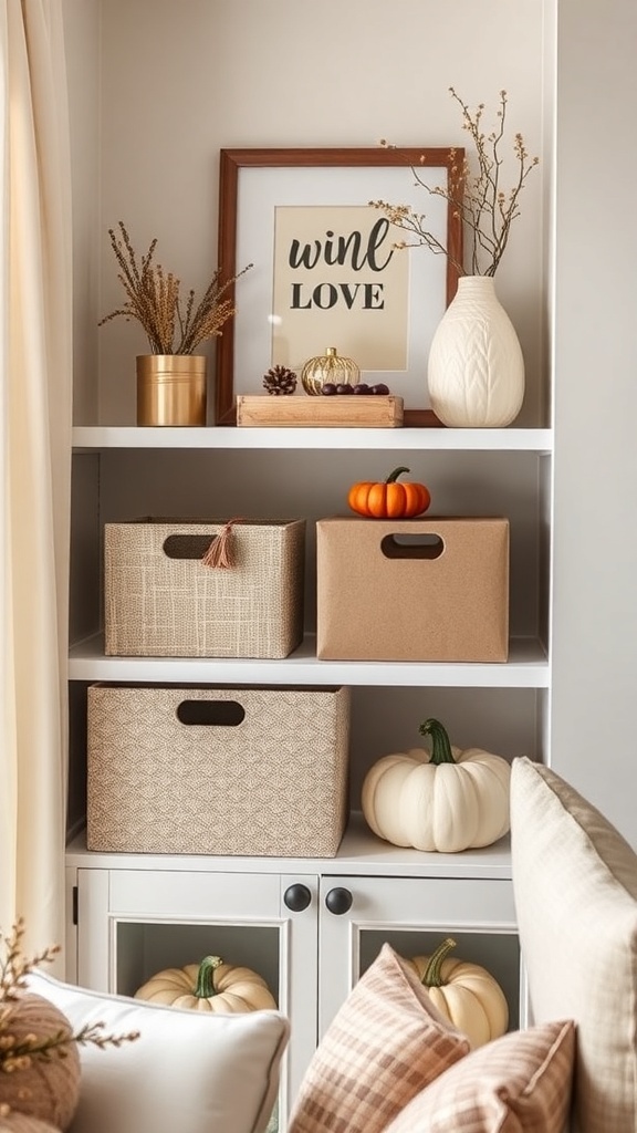 Decorative storage boxes made from cardboard displayed on a shelf with autumn decorations.