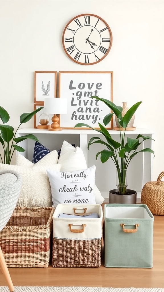 A cozy living space featuring decorative storage baskets, pillows, and plants.