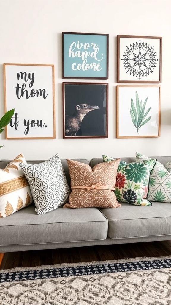 A cozy sofa adorned with various decorative throw pillows in different patterns and colors.