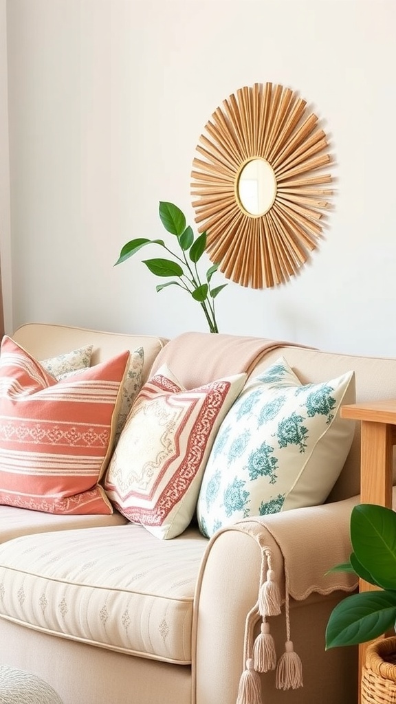 A cozy couch with decorative throw pillows in various patterns and colors, complemented by a stylish wall mirror and a plant.