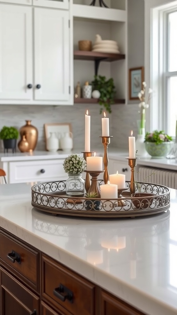 A decorative tray centerpiece with candles and flowers on a kitchen countertop.