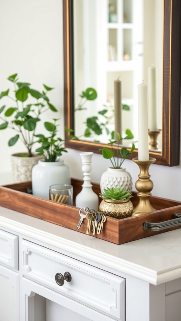 A stylish entryway featuring a glass table with a dark wooden tray, candles, and a potted plant.