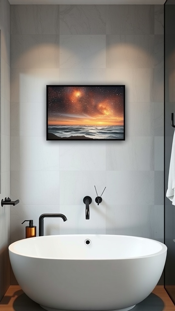 A modern bathroom featuring a white bathtub and a decorative wall art piece depicting a sunset over ocean waves.