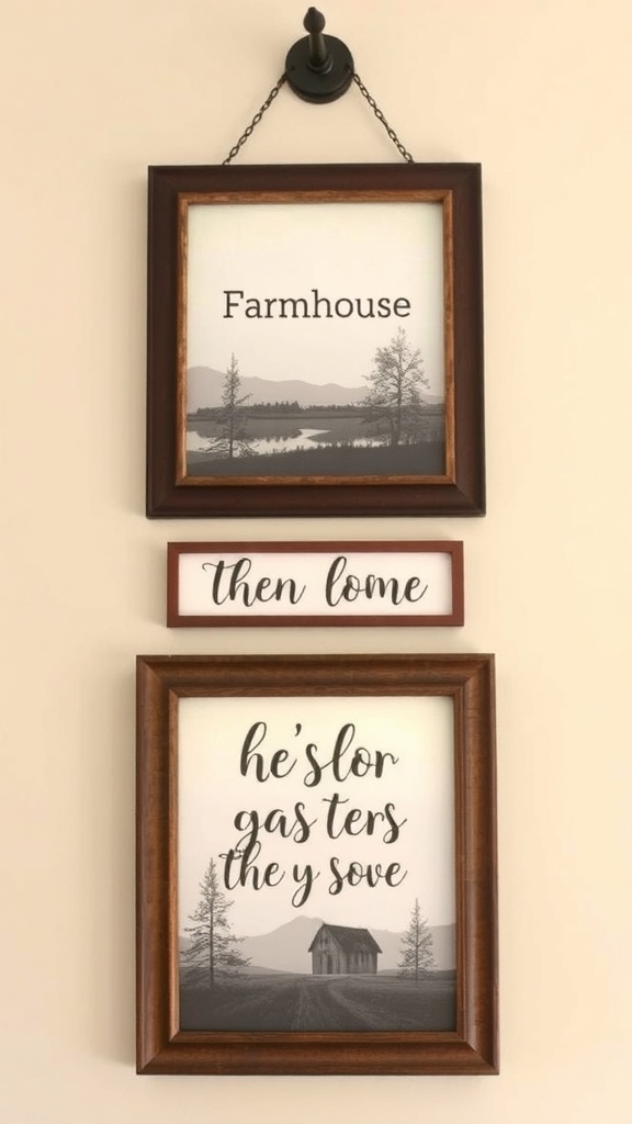 Framed wall art featuring a scenic landscape with a welcoming message, placed in a cozy room.