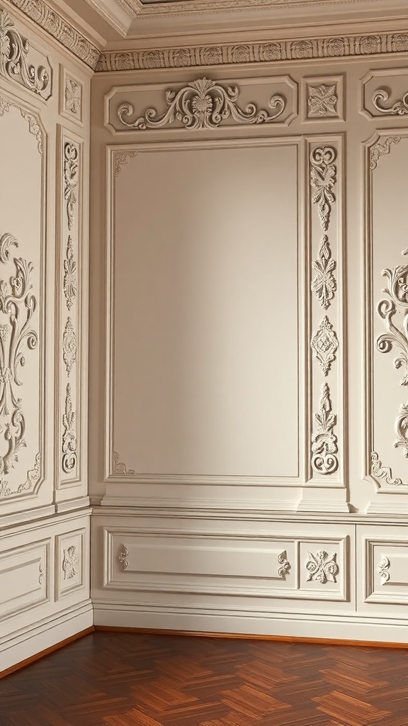 Intricate decorative wall paneling in a Rococo style interior