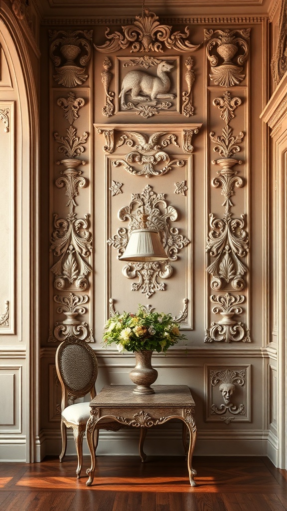 A beautifully designed wall with decorative panels featuring intricate Rococo patterns, complemented by a stylish chair and a floral arrangement.