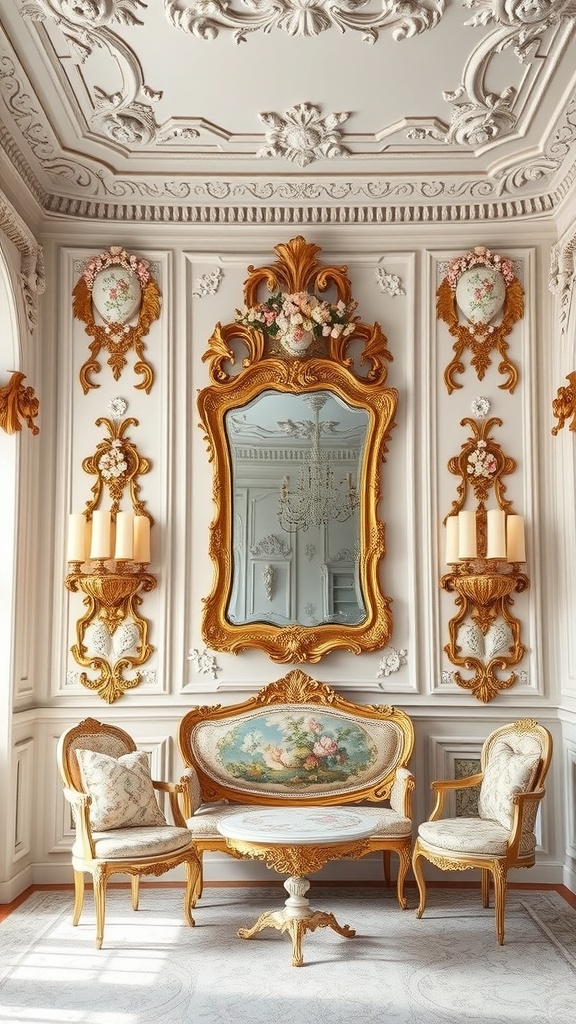 A beautifully decorated room featuring ornate wall panels, elegant furniture, and a large mirror.