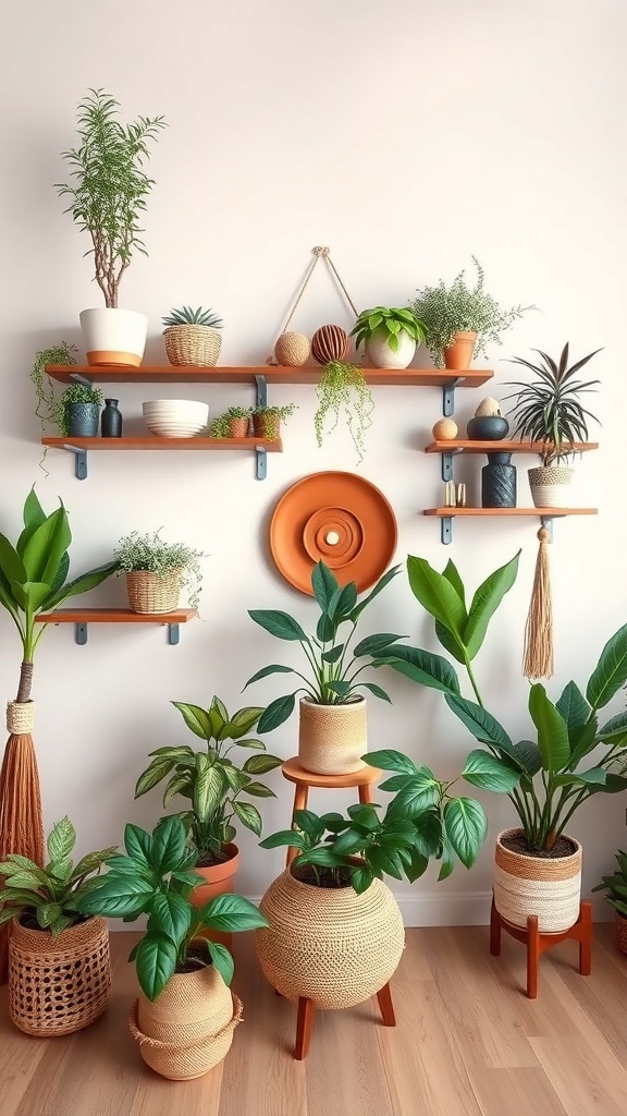 Decorative wall shelves with plants and decorative items