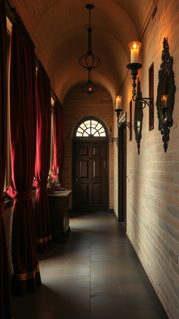 A hallway with wrought iron accents, featuring candle sconces and rich red curtains.