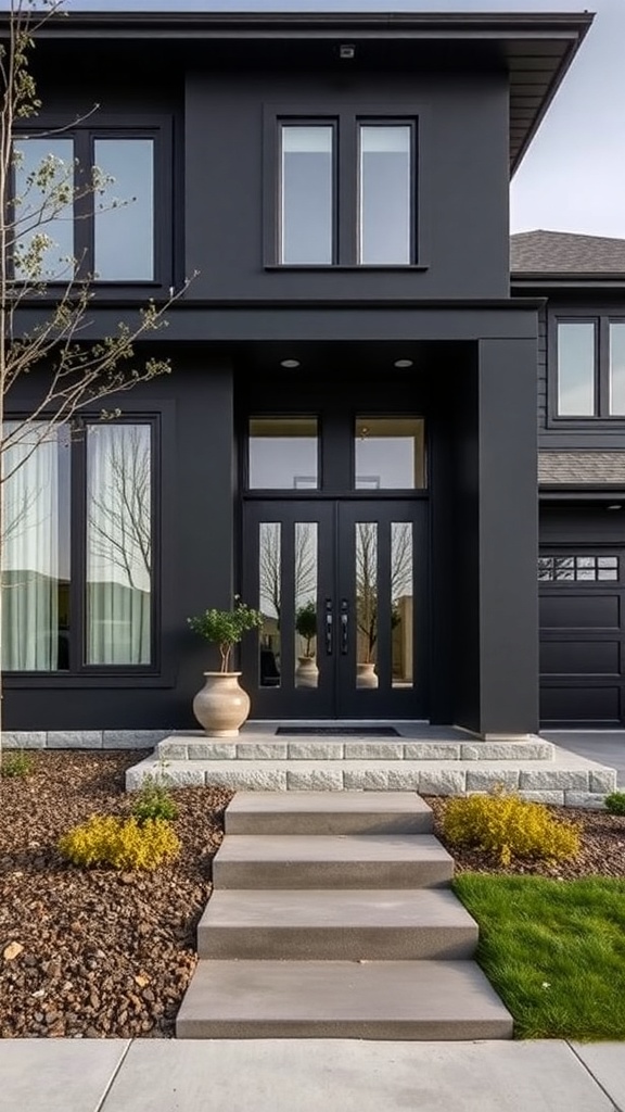 A modern house painted in deep charcoal with a stylish entrance and landscaped surroundings.