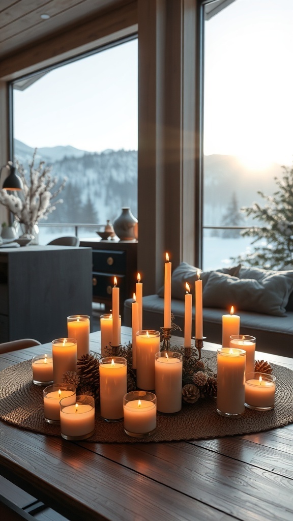 Eine stilvolle Anordnung von Kerzen auf einem Tisch, umgeben von Tannenzapfen, mit Blick auf eine verschneite Landschaft.