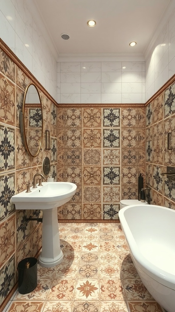 Luxuriöses Badezimmer mit dekorativen Fliesenmustern, freistehender Badewanne und stilvollen Armaturen.