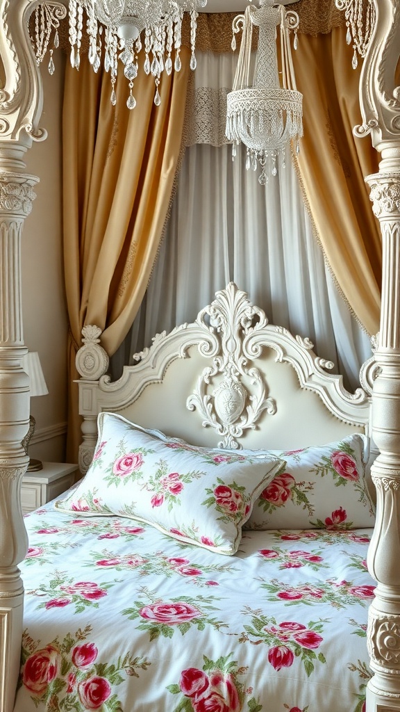 A beautifully styled Rococo bedroom featuring delicate floral bedding and elegant decor.