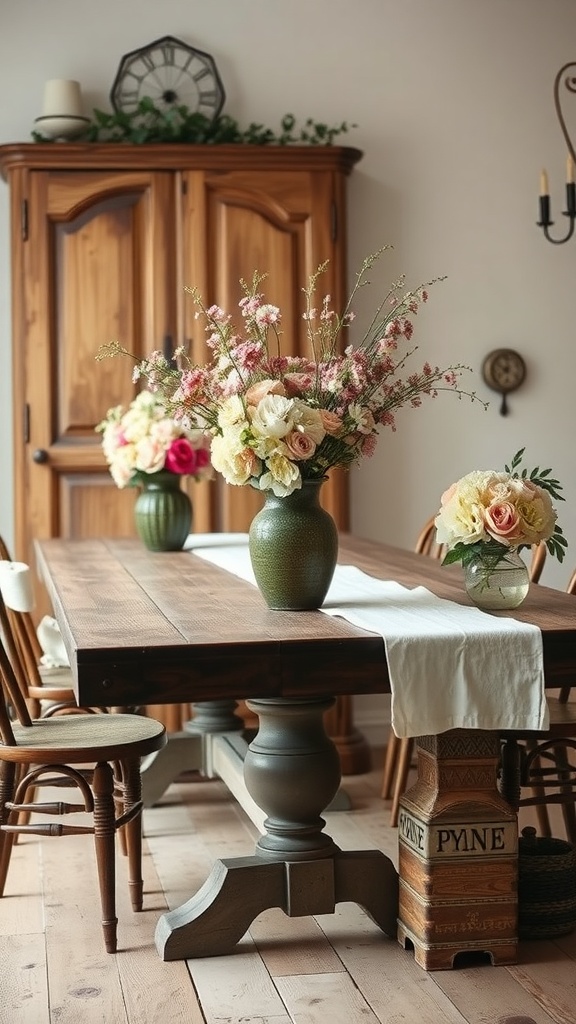 A rustic dining table adorned with delicate floral arrangements in farmhouse vases.