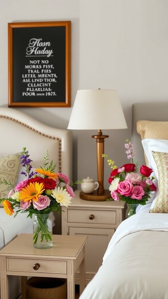 A cozy bedroom with delicate floral arrangements on bedside tables, featuring colorful flowers in glass vases.