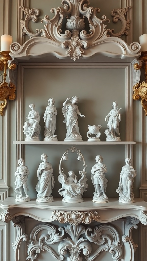 A collection of delicate porcelain figurines displayed on an ornate shelf, showcasing Rococo style.