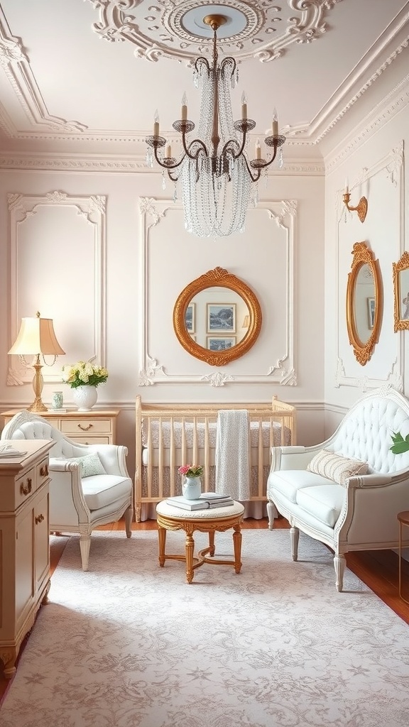 A Rococo-inspired nursery featuring elegant furniture, soft colors, and decorative details.