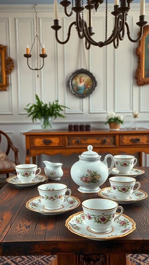 A beautifully arranged Rococo tableware set on a wooden table, featuring floral patterns and gold trim.