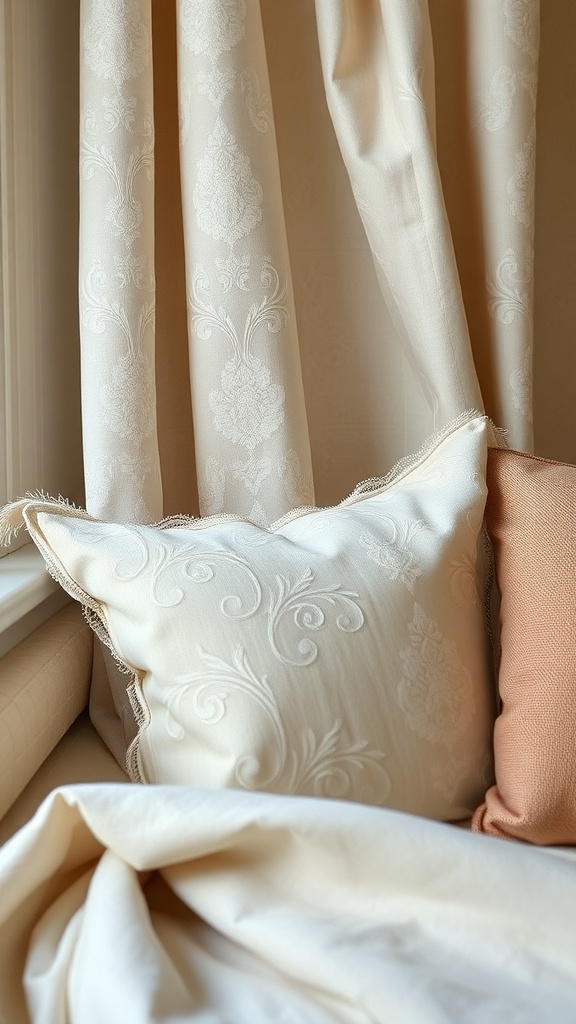 Soft neutral curtains and pillows in a cozy setting.