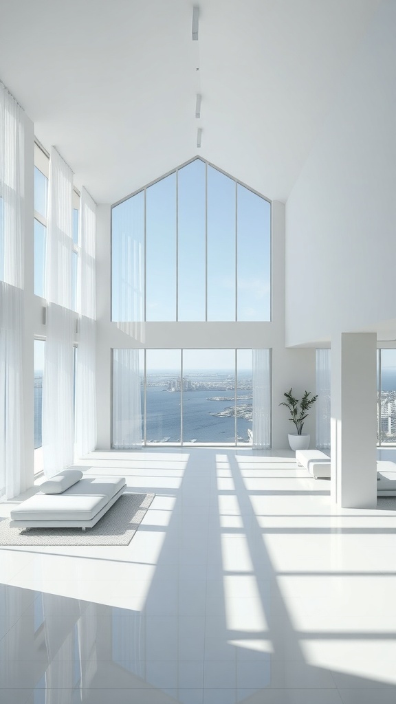 Helles, minimalistisches Wohnzimmer mit großen Fenstern und Blick auf das Wasser