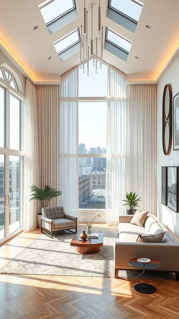 Modernes Wohnzimmer mit großen Fenstern, eleganten Möbeln und Art Deco-Elementen