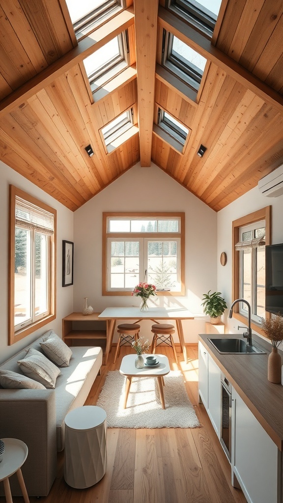 Ein gemütliches Tiny House mit Holzdecke, großen Fenstern und neutralen Farben.
