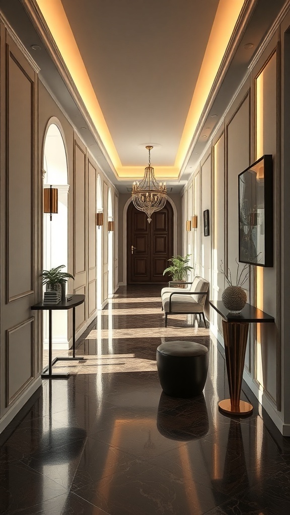 Heller Flur mit Treppe, großen Fenstern und eleganten Möbeln