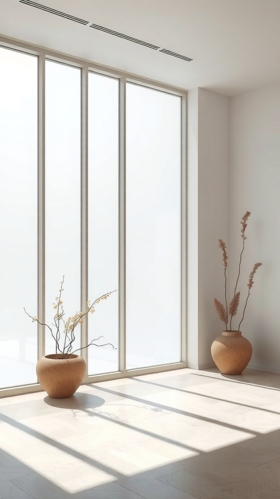 Ein moderner Raum mit großen Fenstern, sanften Vorhängen und minimalistischen Möbeln.