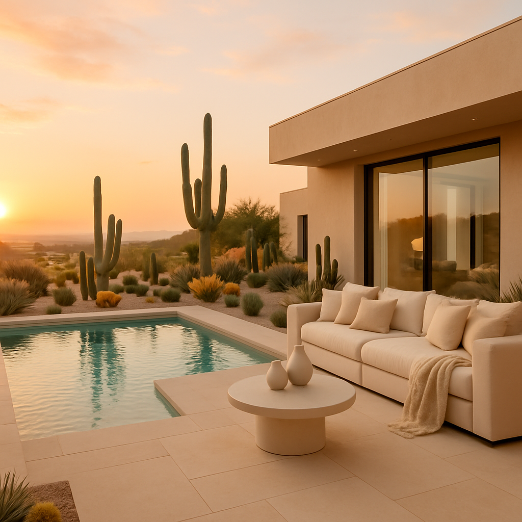 Ein moderner Pool in einer Wüstenlandschaft mit Kakteen und einem gemütlichen Sitzbereich