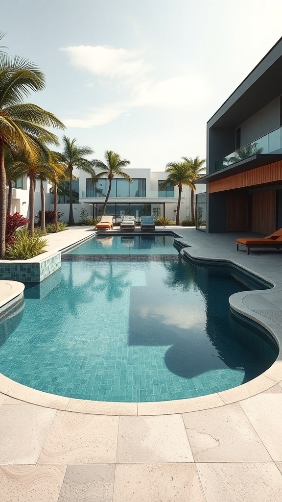 Ein moderner Pool mit kreativen Formen, umgeben von Palmen und Liegen.