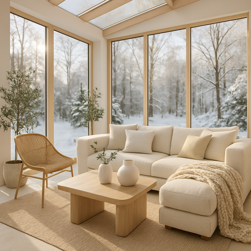 Moderner Wintergarten mit großen Fenstern, gemütlicher Couch und nachhaltigen Möbeln