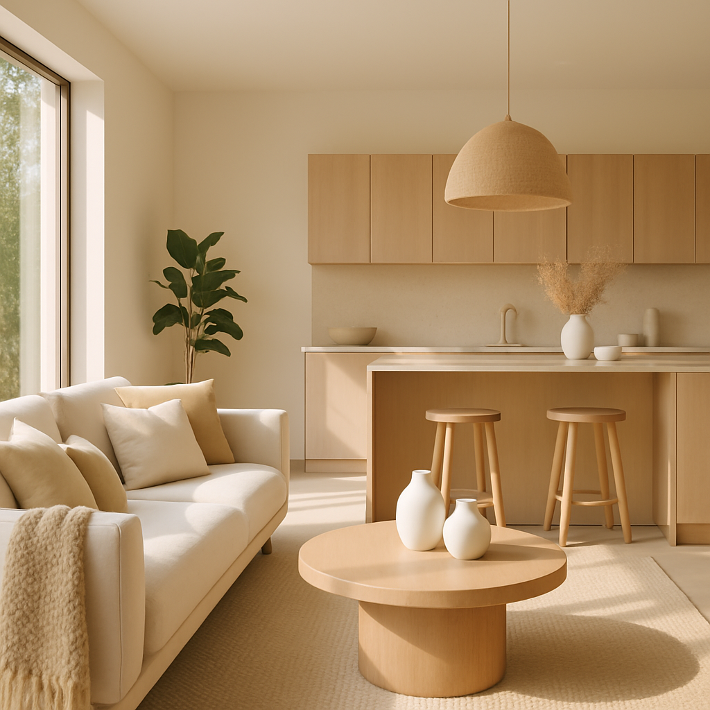 Ein modernes Wohnzimmer mit einer hellen Küche, ausgestattet mit lokal produzierten Möbeln aus Holz und dekorativen Elementen.