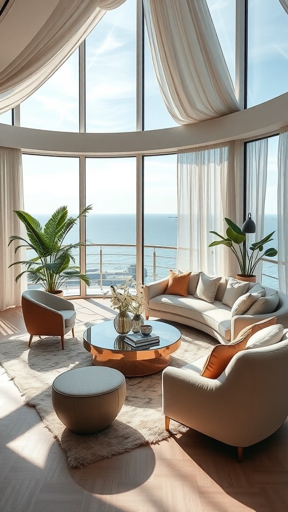 Ein stilvoll eingerichteter Raum mit Designer-Möbeln und Blick auf das Wasser.