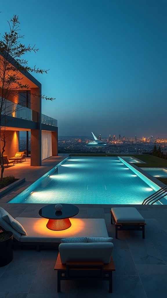 Ein moderner Designer-Pool mit stilvollen Möbeln und schöner Beleuchtung bei Nacht.