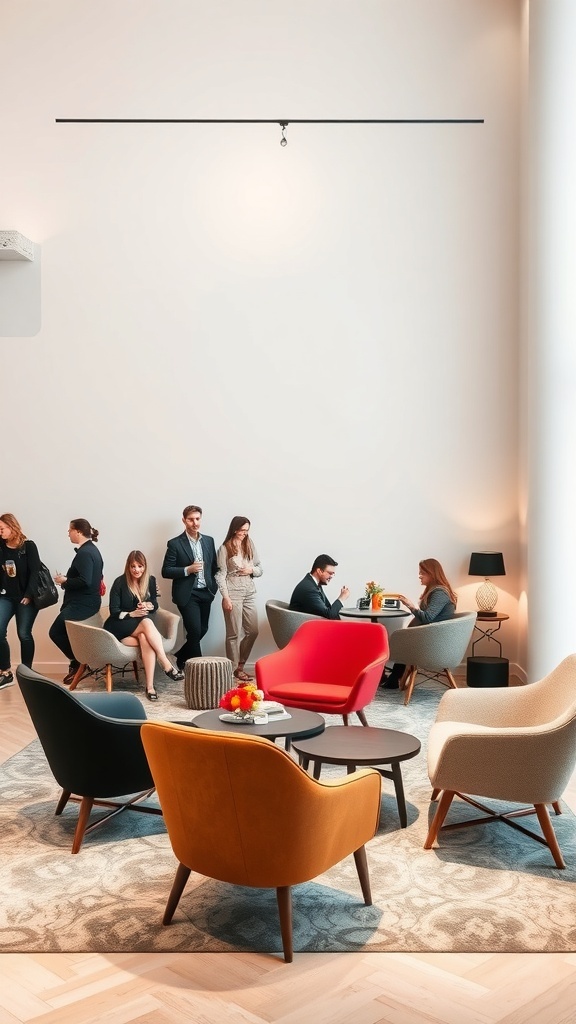 Moderne Designer-Stühle in einem hellen Raum mit großen Fenstern und Stadtblick, Menschen unterhalten sich.