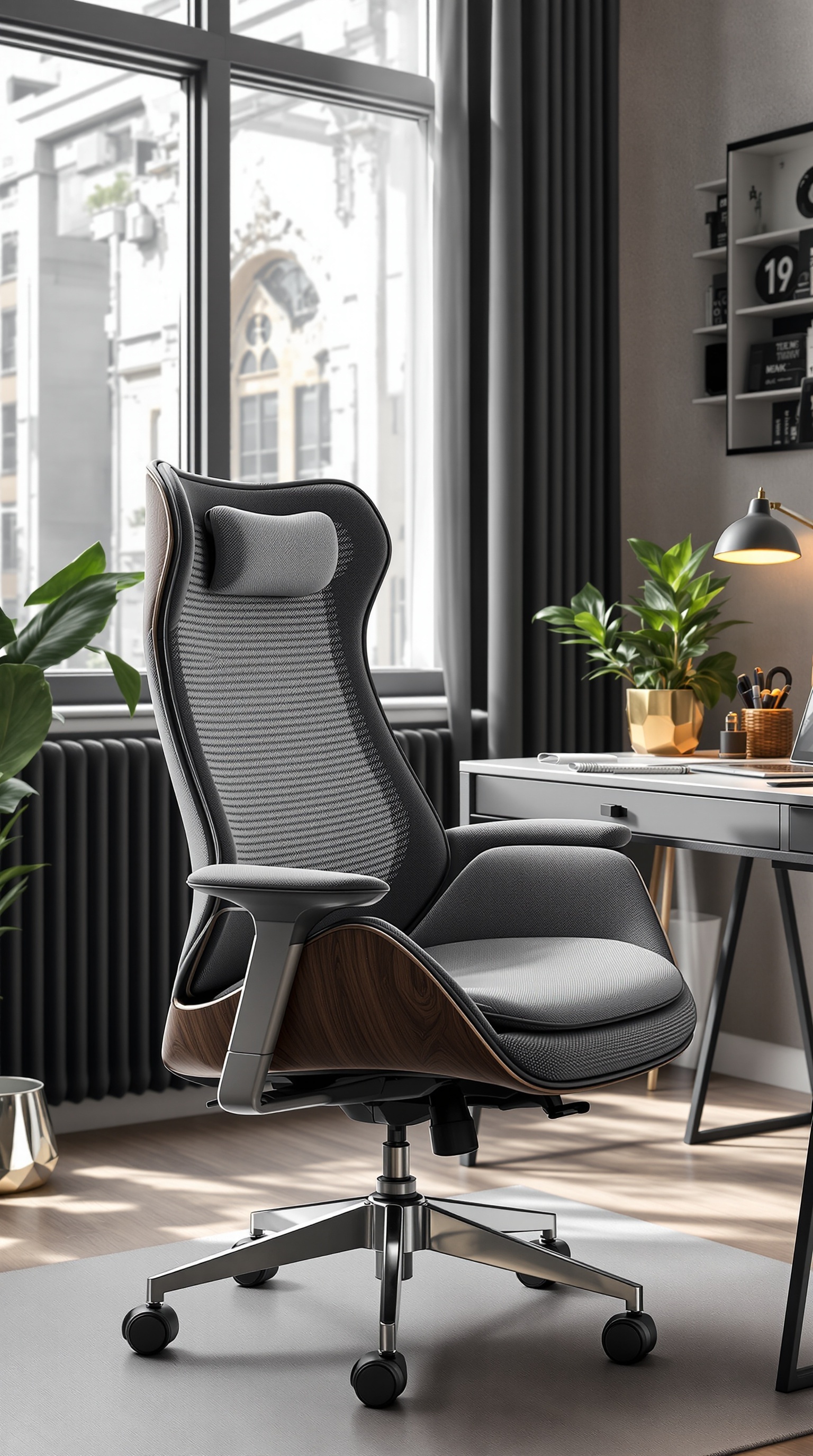 Ein moderner Arbeitsbereich mit Designerstühlen, einem Tisch und Pflanzen.