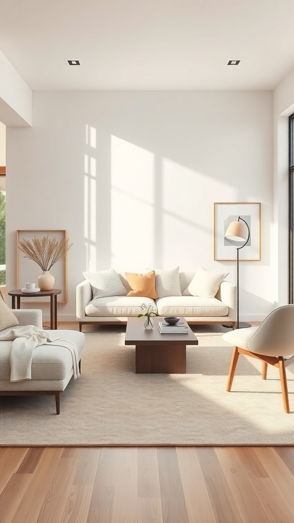 Heller, moderner Wohnraum mit Designer Teppich, Sofas und Couchtisch