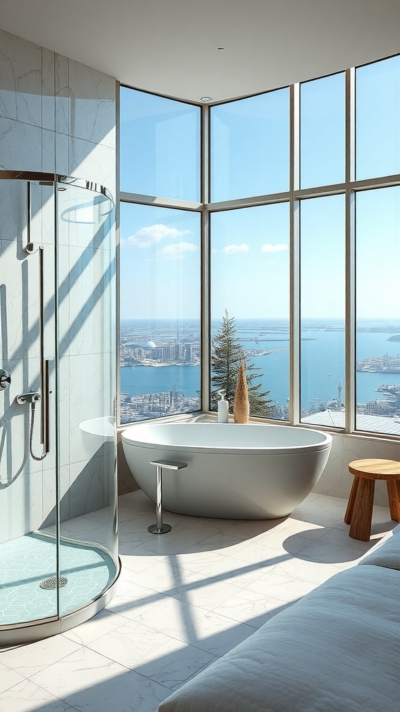 Modernes kleines Wellness-Bad mit Walk-In-Dusche und freistehender Badewanne