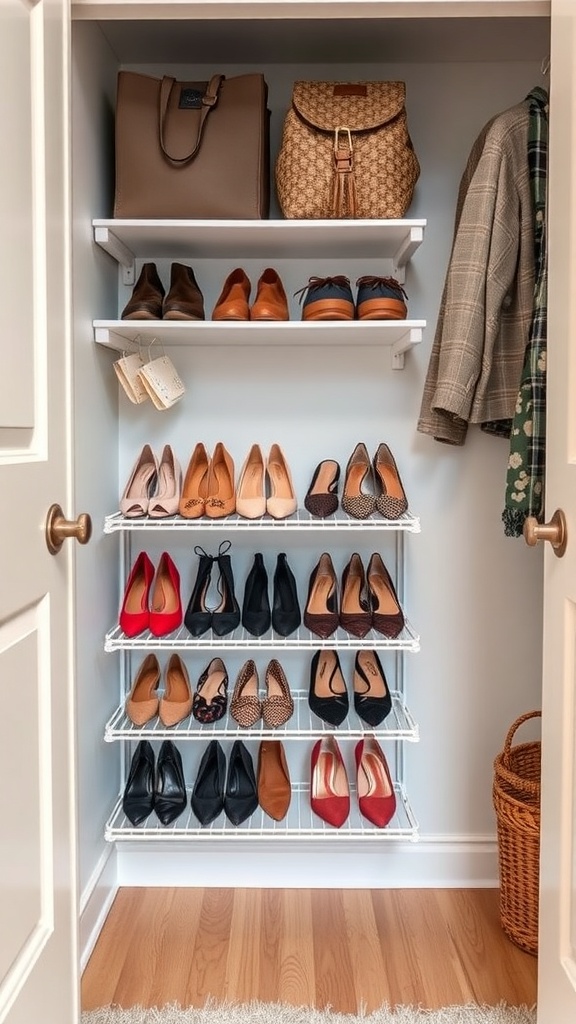 A compact shoe rack displaying various pairs of shoes in a neatly organized closet.