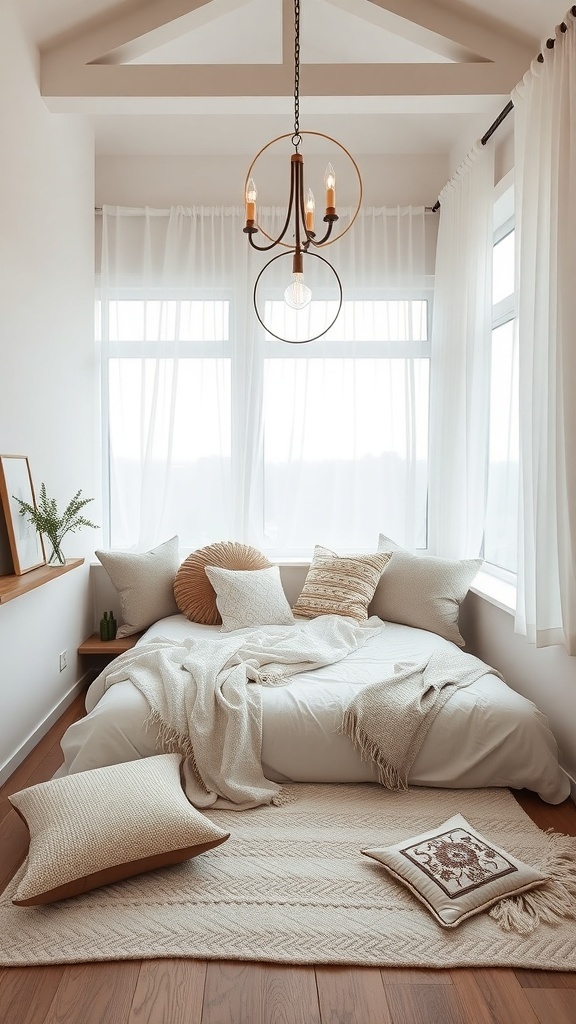 Cozy bed nook with soft pillows, a throw blanket, and natural light from large windows.