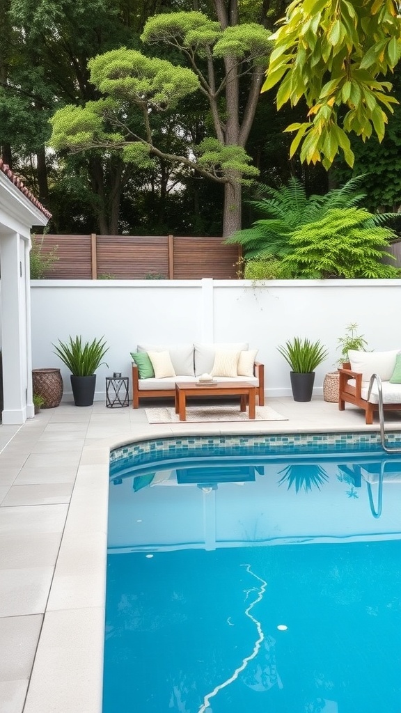 Cozy lounge area by a sunken above ground pool with wooden furniture and plants