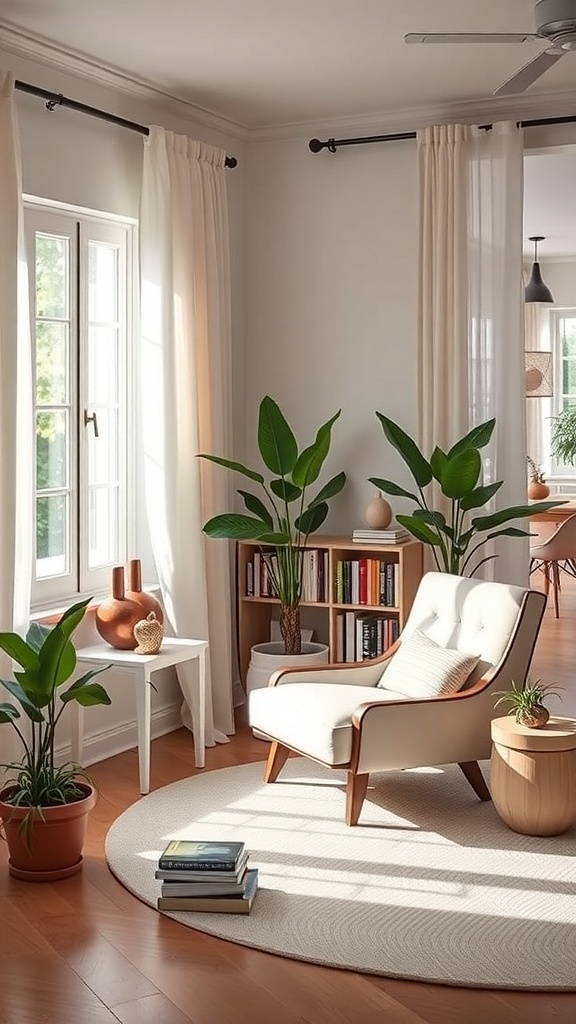 A cozy reading nook featuring a comfortable chair, plants, and natural light.
