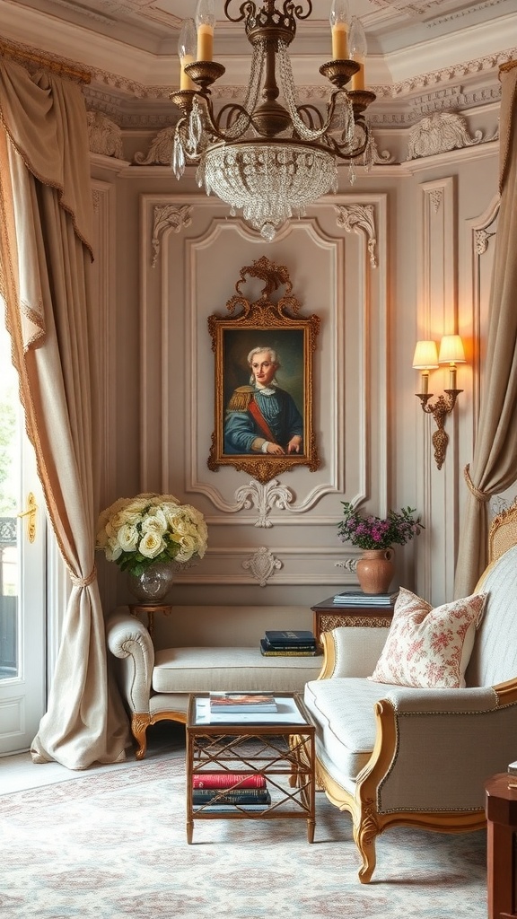 Cozy reading nook in a Rococo bedroom with elegant decor and natural light